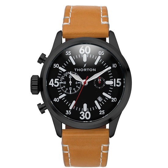 THORTON ARNE DUAL TIME BROWN LEATHER STRAP MENS WATCH