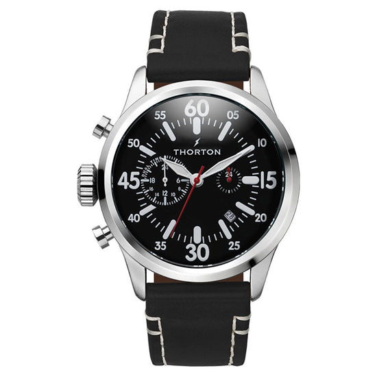 THORTON ARNE DUAL TIME BLACK LEATHER STRAP MENS WATCH