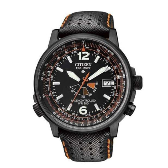 CITIZEN Eco-Drive Radio Controlled Men Black Leather Strap AS2025-09E