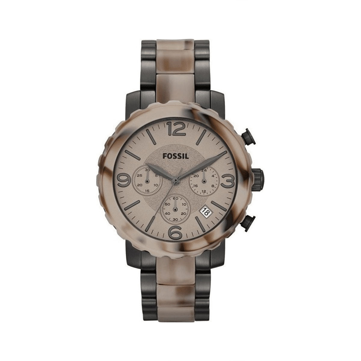 Ένα πανέμορφο γυναικείο ρολόι FOSSIL που αποτελέιται από καφέ καντράν, γκρι δείκτες και δίχρωμο μπεζ-γκρι μπρασελέ.